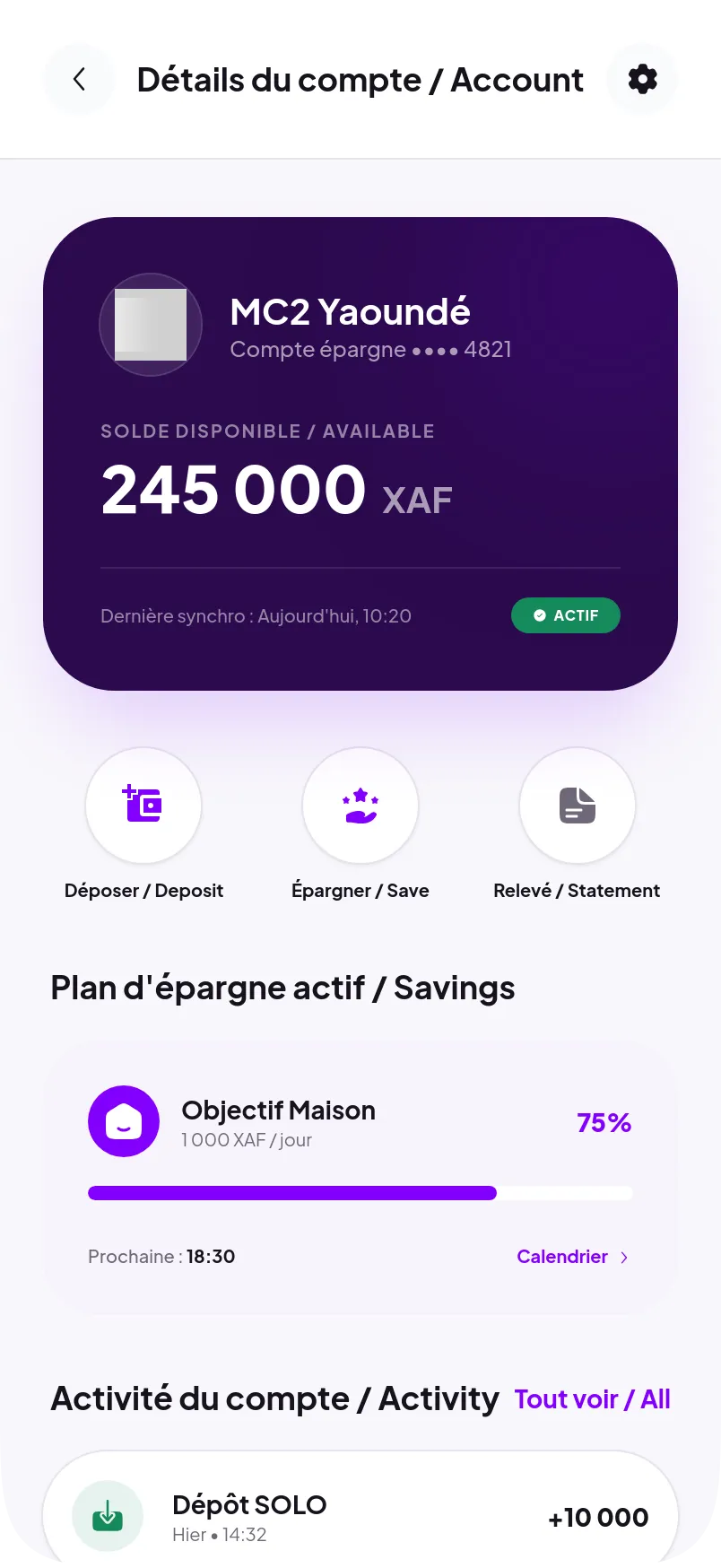 Écran de détail d'un compte lié dans SA'APAY avec le solde visible, la dernière synchronisation et les actions disponibles.