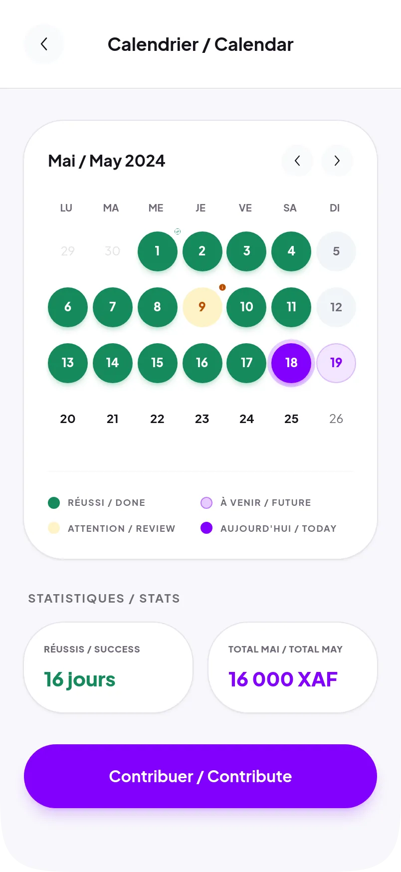Calendrier d'épargne SA'APAY affichant un plan quotidien avec les jours réussis, à venir et à revoir.