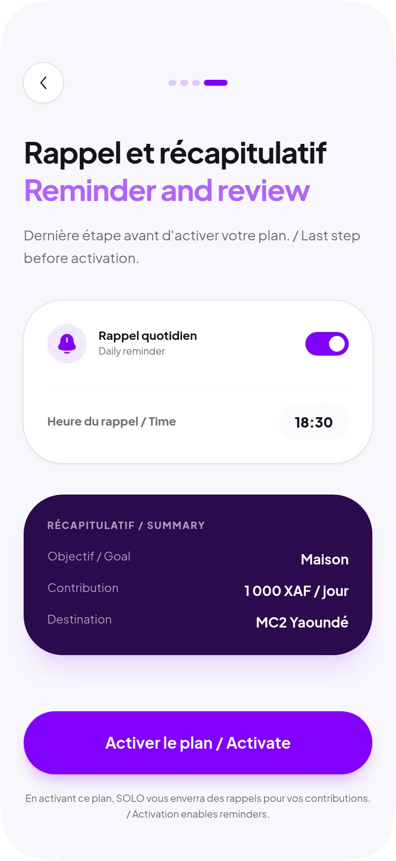 Écran de rappel et de bilan d'épargne SA'APAY montrant la contribution du jour et la progression du plan.