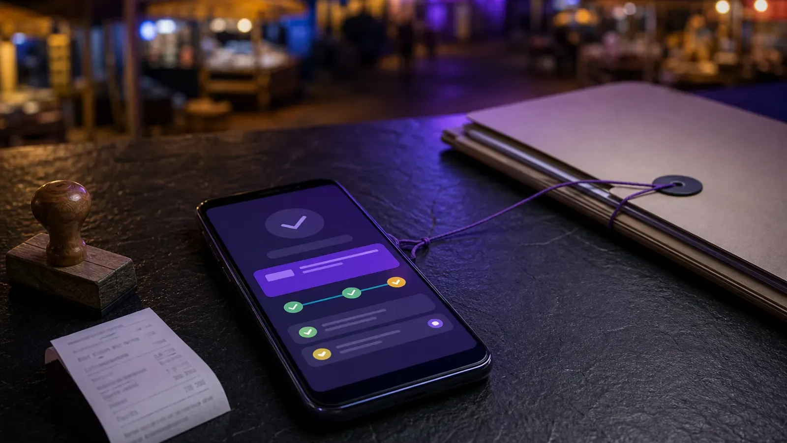 Téléphone affichant une confirmation de dépôt Mobile Money, à côté d'un reçu et d'un tampon.