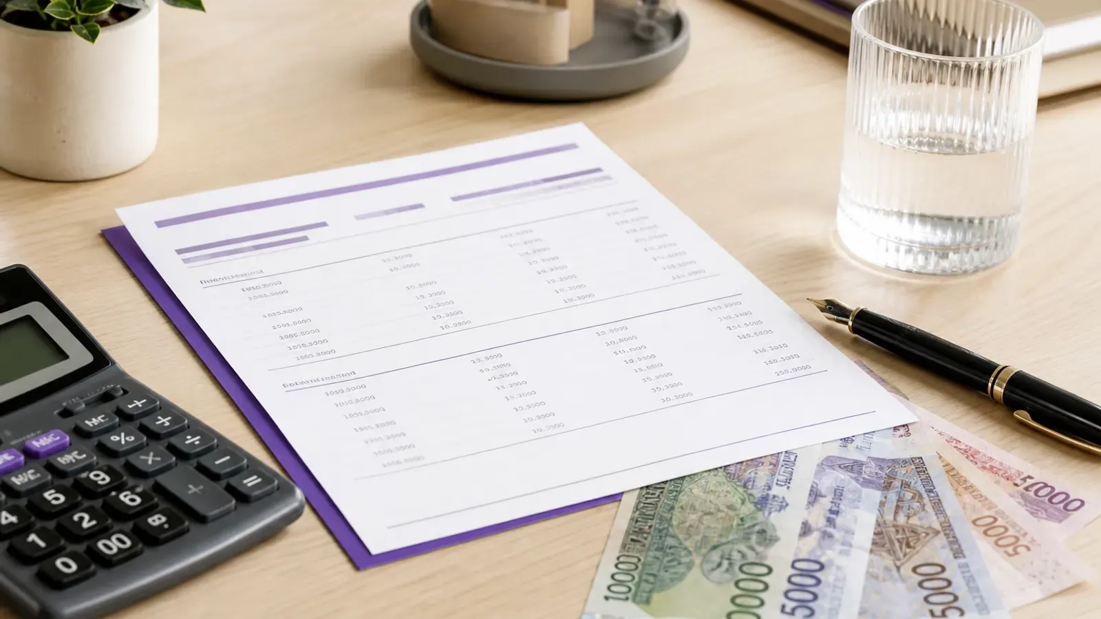 Récapitulatif de transfert, calculatrice et billets sur un bureau, avant confirmation d'un envoi.