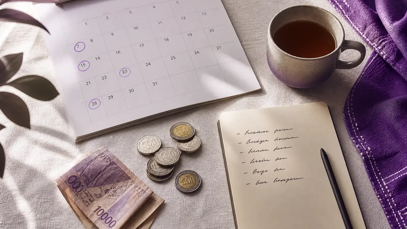 Calendrier, carnet et pièces posés sur une table, pour illustrer une habitude d'épargne régulière.