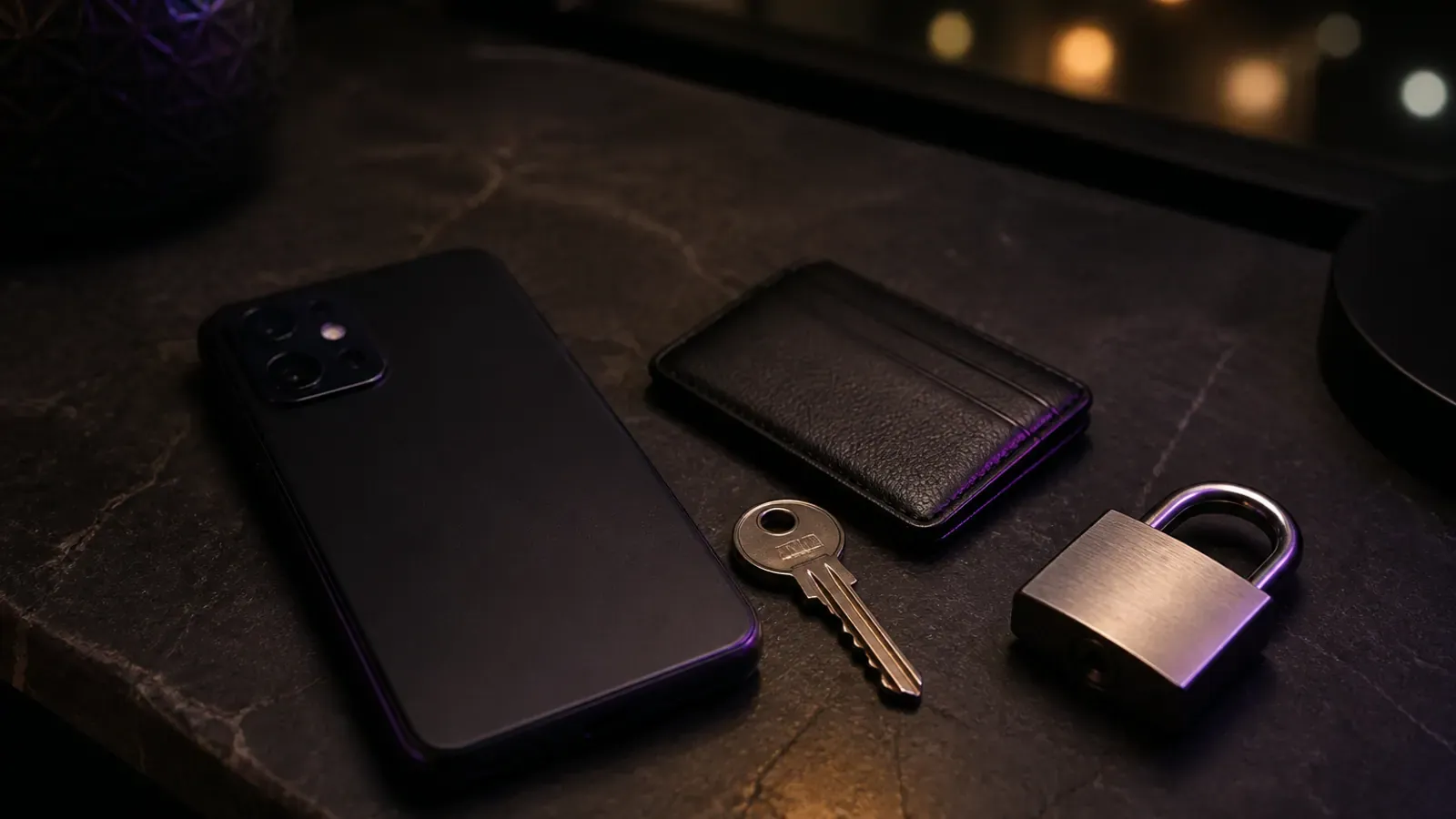 Téléphone, clé et cadenas posés sur une table, pour illustrer la protection d'un compte.